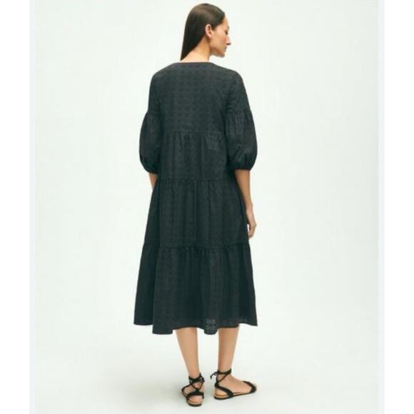 Brooks Brothers Black Daisy Eyelet Cotton Tiered Tassel Tie Neck Midi Dress 4 - Picture 3 of 10